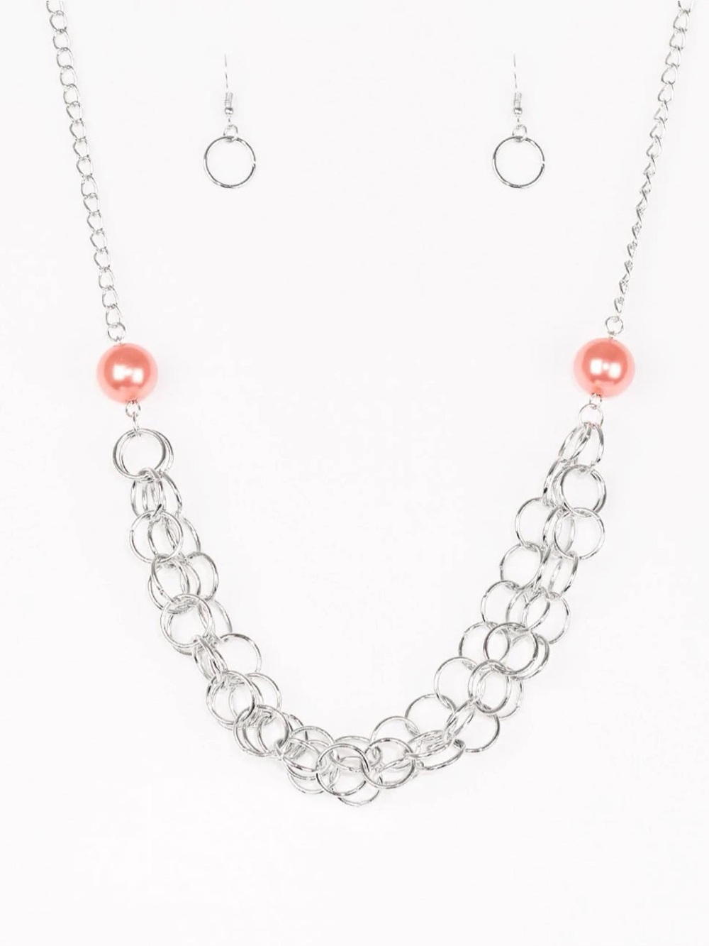 Silver Chain Necklace with orange Bead Accents - Women's Jewelry